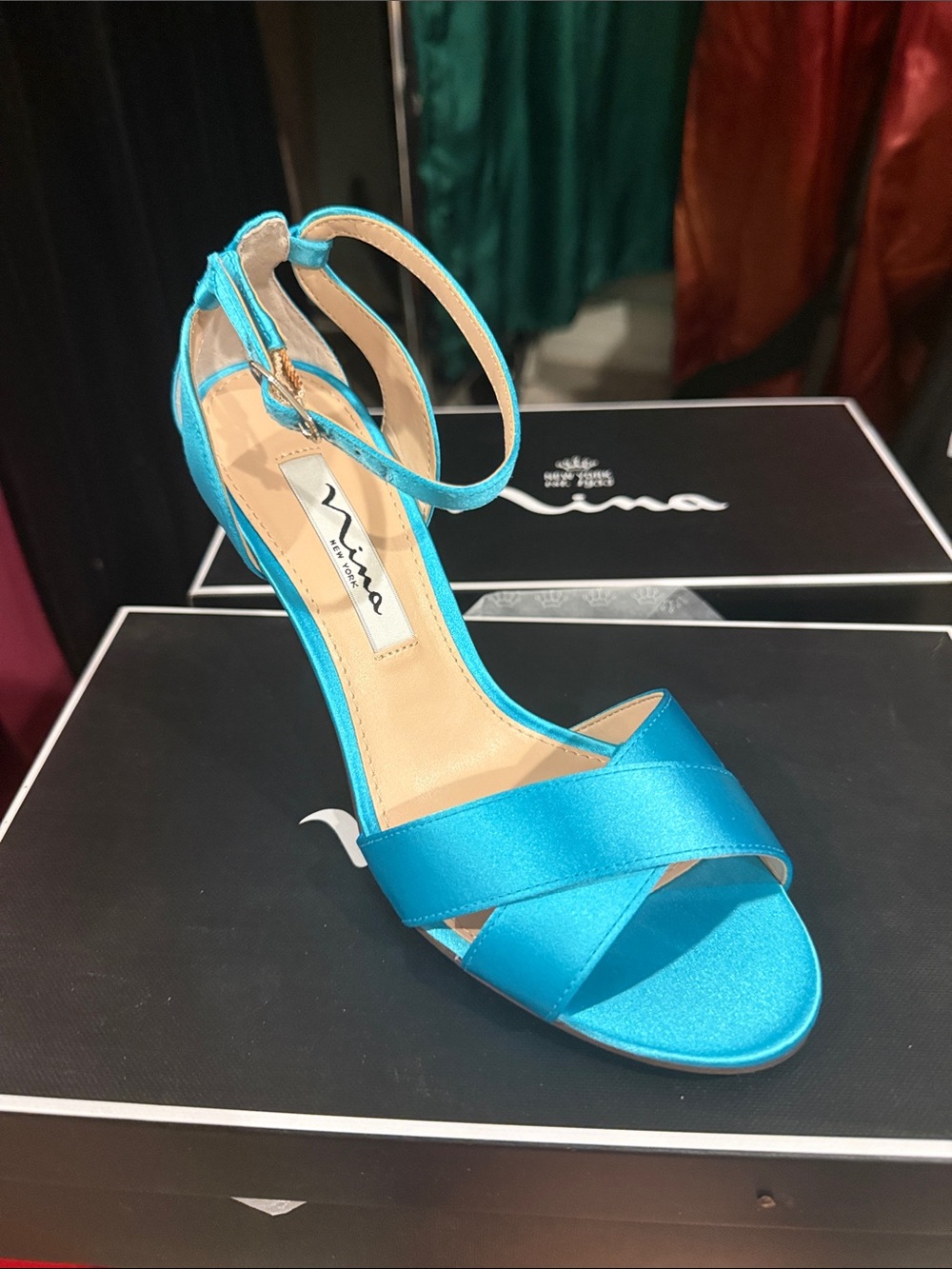Nina Teal Satin Crisscross Open-Toe Ankle-Strap Heel